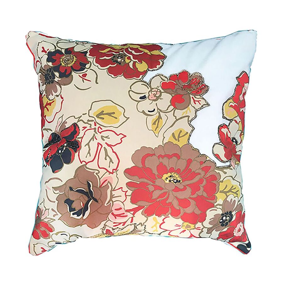 DEPLUSBELLE decorez votre salon avec une housse unique en velours blanc cassé et néoprène imprimé des couleurs pâles avec passepoil orange!